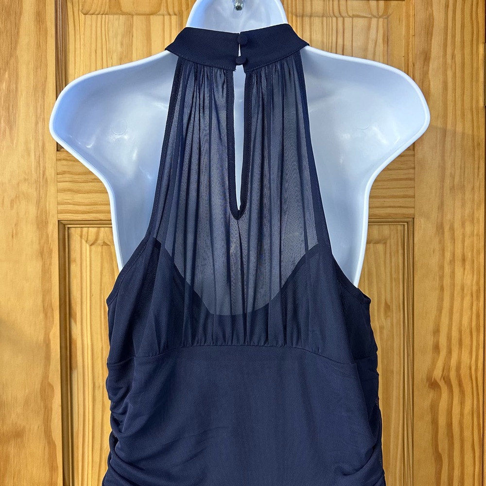 Venus Women’s Sz Lg High Collar Navy Ruched Sleeveless Blouse NWOT, V501 - Picture 8 of 14